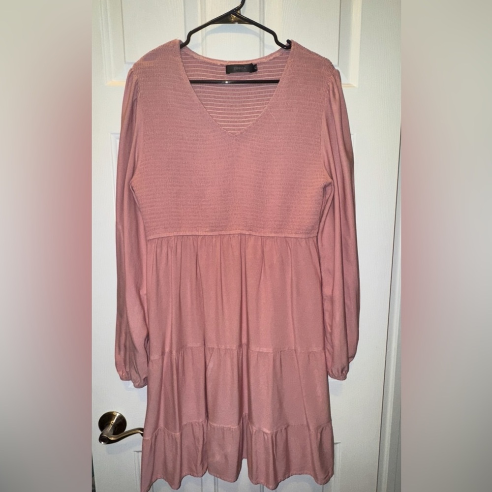 Zesica V-Neck Smocked Tiered Midi Dress in Dusty Rose - Picture 4 of 6